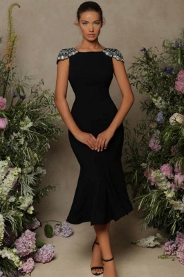 Elegant Black Sleeveless Sequins Bateau Stretch Satin Tea Length Prom Dresses with Ruffles_1