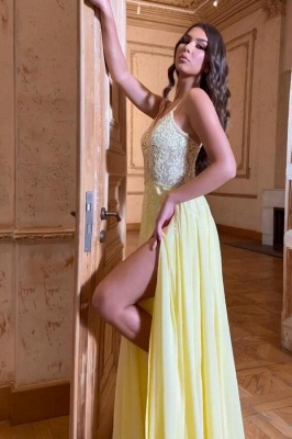 Elegant Yellow Sheath Sweetheart Sleeveless Spaghetti Strap Chiffon Prom Dresses with Ruffles_3