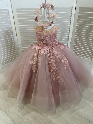Jewel Princess Sleeveless Applique Tulle Flower Girl Dresses_5