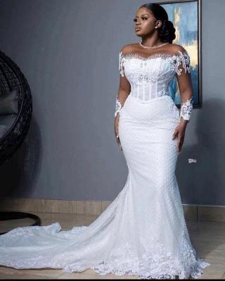 Elegant Sweetheart Long Sleeve Chapel Train Lace Wedding Dress_1