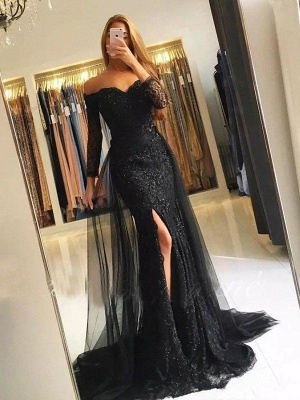Elegant Black Halter Long Sleeves Floor-Length Sweetheart Prom Dresses with Appliques_1