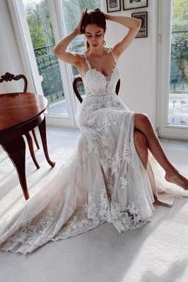 Charming Chapel Sweetheart Sleeveless A-Line Lace Wedding Dresses with Appliques_1