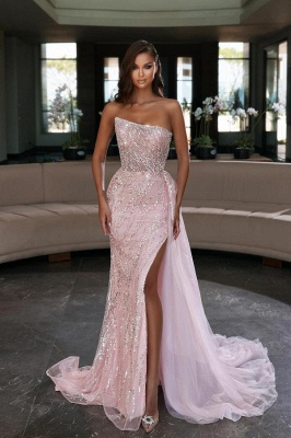 Elegant Pink Sleeveless Sequins Strapless Floor-Length Tulle Prom Dresses_1