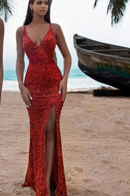 Graceful Red Mermaid Sequins Spaghetti Straps Sleeveless Prom Dresses Evening Dresses_2