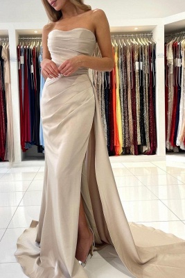 Elegant Mermaid Strapless Floor-Length Stretch Satin Prom Dresses Evening Dresses with Ruffles_3