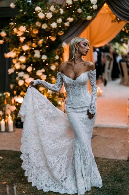 Gorgeous Mermaid Off the Shoulder Long Sleeves Chapel A-Line Lace Wedding Dresses with Appliques_1