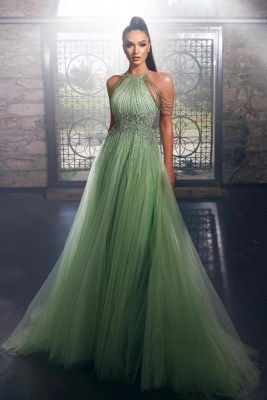 Stylish Green Sleeveless A-Line Halter Floor-Length Tulle Prom Dresses_1