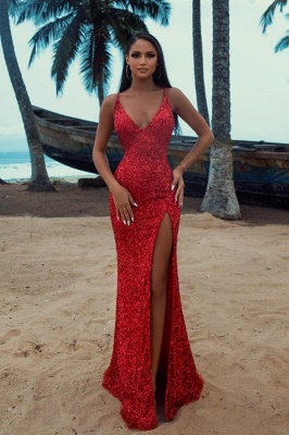 Graceful Red Mermaid Sequins Spaghetti Straps Sleeveless Prom Dresses Evening Dresses_1