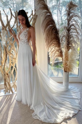 Graceful Chapel V-Neck Sleeveless Backless A-Line Lace Chiffon Wedding Dresses with Appliques_1