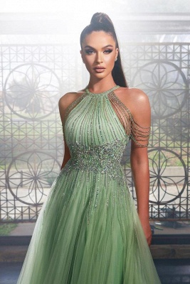 Stylish Green Sleeveless A-Line Halter Floor-Length Tulle Prom Dresses_2