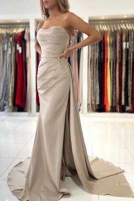 Elegant Mermaid Strapless Floor-Length Stretch Satin Prom Dresses Evening Dresses with Ruffles_4
