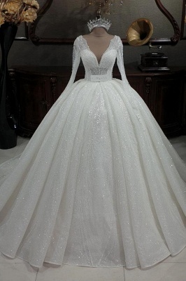 Elegant V-Neck Sweetheart Sequins Long Sleeves Ball Gown Wedding Dresses_2