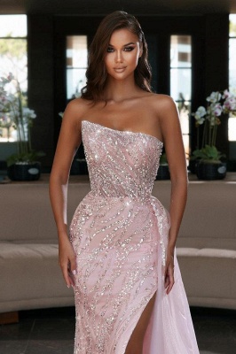 Elegant Pink Sleeveless Sequins Strapless Floor-Length Tulle Prom Dresses_2
