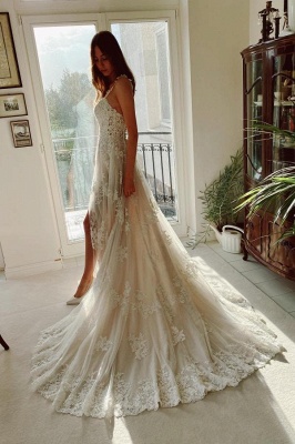 Charming Chapel Sweetheart Sleeveless A-Line Lace Wedding Dresses with Appliques_3