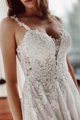 Charming Chapel Sweetheart Sleeveless A-Line Lace Wedding Dresses with Appliques_2