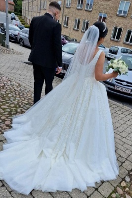 Elegant A-Line Square Chapel Sleeveless Tulle Ball Gown Wedding Dress with Appliques_5
