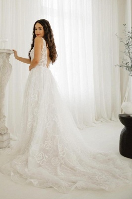 Elegant V-Neck A-Line Sleeveless Chapel Lace Wedding Dresses with Appliques_2