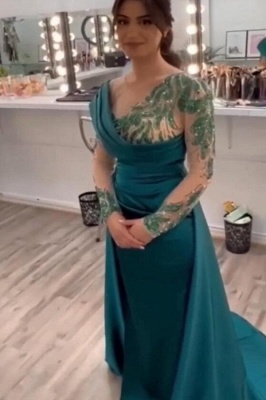 Gorgeous Dark Green Mermaid Long Sleeves Floor-Length V-Neck Stretch Satin Prom Dresses with Ruffles_2