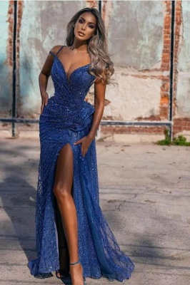Stylish Dark Blue Sleeveless Spaghetti Strap Sweetheart Sequins Mermaid Prom Dresses_1