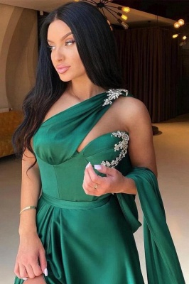 Gorgeous Dark Green One Shoulder A-Line Sleeveless Floor-Length Stretch Satin Prom Dresses with Ruffles_2