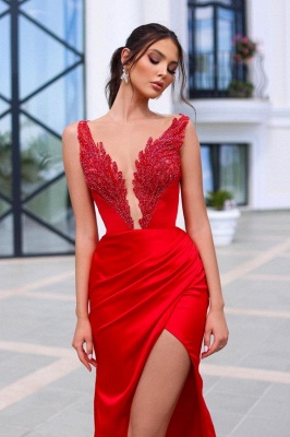 Elegant Red Floor-Length Mermaid V-Neck Stretch Satin Prom Dresses with Ruffles_2