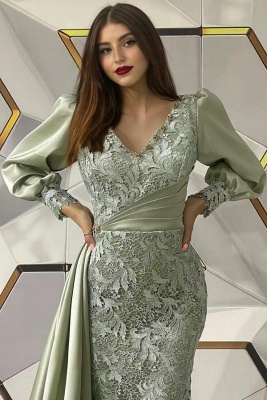 Exquisite Green V-Neck A-Line Long Sleeves Floor-Length Mermaid Prom Dresses with Ruffles_2