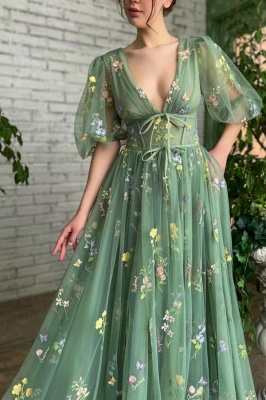 Exquisite Green Long Sleeves A-Line V-Neck Tulle Prom Dresses Evening Dresses with Ruffles_3
