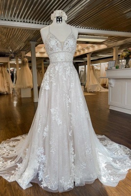 Fabulous A-Line Sleeveless Chapel Spaghetti Strap Lace Wedding Dresses with Appliques_1