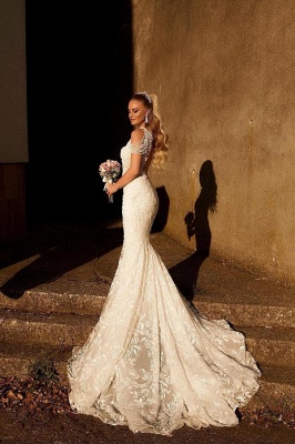 Gorgeous Sleeveless Halter Chapel Mermaid Wedding Dresses with Ruffles_2