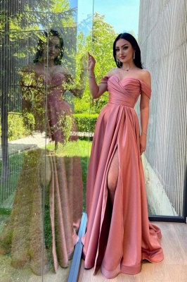 Elegant Pink Mermaid Off the Shoulder Stretch Satin Prom Dresses with Ruffles_2