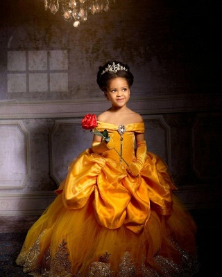 Princess Yellow Off the Shoulder Satin Lace Velvet Flower Girl Dresses with Appliques_4