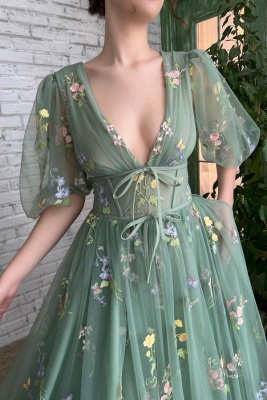 Exquisite Green Long Sleeves A-Line V-Neck Tulle Prom Dresses Evening Dresses with Ruffles_5
