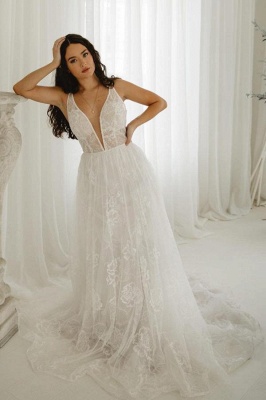 Elegant V-Neck A-Line Sleeveless Chapel Lace Wedding Dresses with Appliques_1