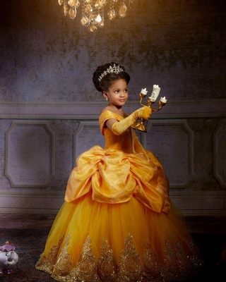 Princess Yellow Off the Shoulder Satin Lace Velvet Flower Girl Dresses with Appliques_3