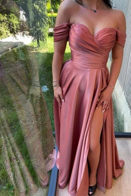 Elegant Pink Mermaid Off the Shoulder Stretch Satin Prom Dresses with Ruffles_3