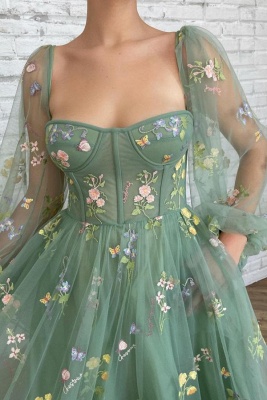 Charming Green Long Sleeves A-Line V-Neck Tulle Prom Dresses Evening Dresses with Ruffles_2