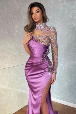Stylish Purple High Collar Long Sleeves Floor-Length Mermaid Stretch Satin Prom Dresses with Ruffles_1
