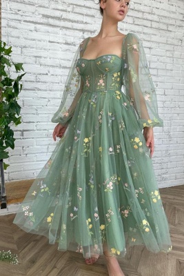 Charming Green Long Sleeves A-Line V-Neck Tulle Prom Dresses Evening Dresses with Ruffles_1