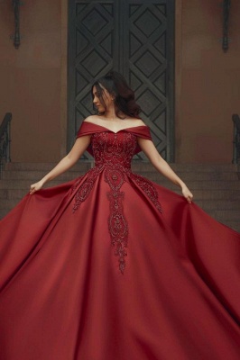 Royal Dark Red Off the Shoulder Satin Ball Gown Wedding Dress with Appliques_4