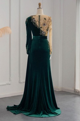 Deluxe Dark Green Floor-Length Long Sleeve A-Line Beading Velvet Prom Dresses with Ruffles_3
