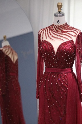 Elegant Dark Red High Collar A-Line Beading Floor Length Tulle Homecoming Prom Dresses_2