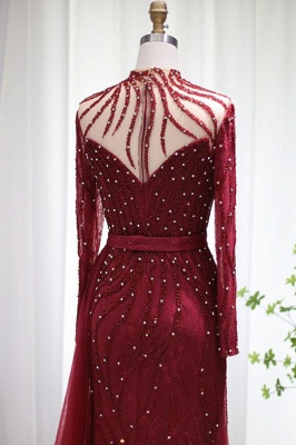 Elegant Dark Red High Collar A-Line Beading Floor Length Tulle Homecoming Prom Dresses_4