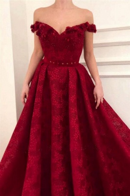Elegant Dark Red Off the Shoulder A-Line Sleeveless Lace Prom Dresses_2