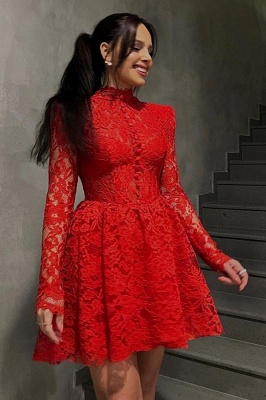 Chic Red High Collar Mini Long Sleeves Short Homecoming Prom Dresses with Lace_1