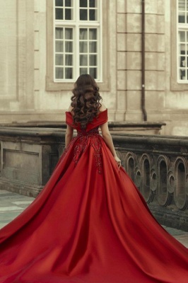 Royal Dark Red Off the Shoulder Satin Ball Gown Wedding Dress with Appliques_2