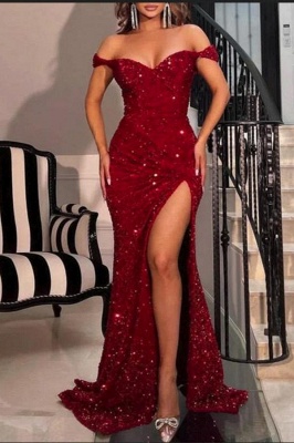 Gorgeous Red Mermaid Floor-Length Sequins Off the Shoulder Prom Dresses_5
