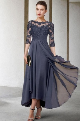 Elegant Black A-Line Bateau Tea-Length Half-Sleeve Chiffon Prom Dresses with Appliques