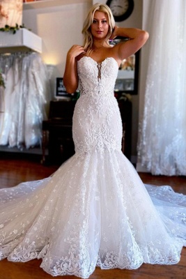 Charming Sweetheart Mermaid Chapel Sleeveless Wedding Dresses with Appliques_1