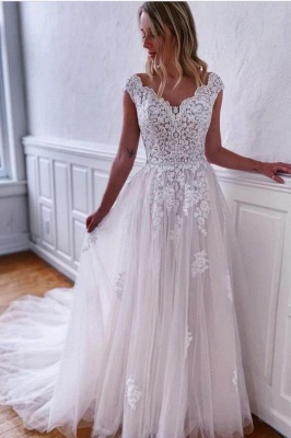 Elegant Chapel V-Neck A-Line Sleeveless Lace Wedding Dresses with Appliques_1