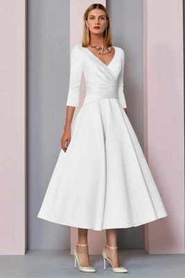 Elegant A-Line V-Neck 3/4 Long Sleeve Tea-Length Satin Wedding Dresses_2